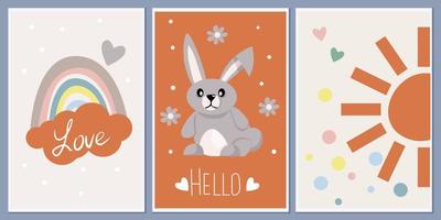 Set of templates for greeting cards and party invitations with animals. Cute bunny. Background child prints. Design vector abstract wall posters with welcome messages.