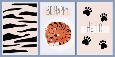 conjunto de plantillas de postales e invitaciones con un lindo tigre. estampados étnicos africanos de fondo con manchas y líneas onduladas. vector