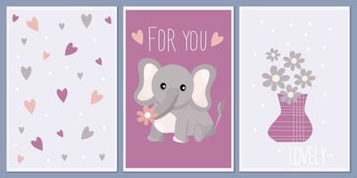 Set of templates for greeting cards and party invitations with animals. Cute elephant. Background child prints. Design vector abstract wall posters with welcome messages