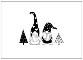 tarjeta de felicitación con lindos gnomos dibujados a mano y árboles de navidad.