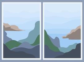 Set of two minimalistic landscapes. Abstract mountains and sea. stylish background. Poster in earth tone color vector