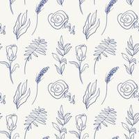 A simple seamless pattern of different kinds of field grasses, branches and flowers. Plant ornamentation of line art elements vector