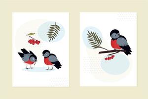 un juego de tarjetas, invitaciones. un camachuelo está sentado en una rama de un árbol de serbal. un par de pájaros pasea y come. racimos de bayas rojas, varias hojas. formas geométricas abstractas. vector