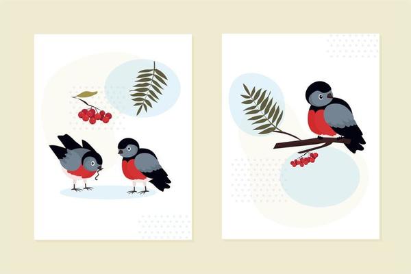A set of cards, invitations. A bullfinch is sitting on a branch of a rowan tree. A pair of birds strolls and eats. Clusters of red berries, various leaves. abstract geometric shapes.