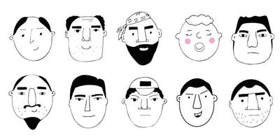 Vector set of portraits of people. Cartoon funny minimalistic men characters of different ages. Drawings of male faces with different emotions and moods. Avatar for social networks