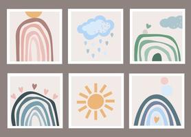 Set of cards with minimalistic abstract Scandinavian designs. Rainbow sun and cloud with rain in boho style vector