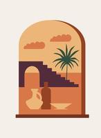 Modern abstract composition. Minimalist boho style poster. Mystic arched window. Ceramic vases, palm tree, abstract landscape. terracotta colors. Wall print for home decor vector