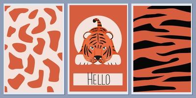 conjunto de plantillas de postales e invitaciones con un lindo tigre. estampados étnicos africanos de fondo con manchas y líneas onduladas. vector