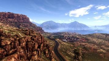 paisaje natural, montañas, bosques, toma aérea, representación 3d realista foto