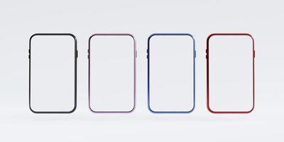 Isolate of variety of colour mobile phone with blank screen template on white background for smartphone mock up by 3d render. photo