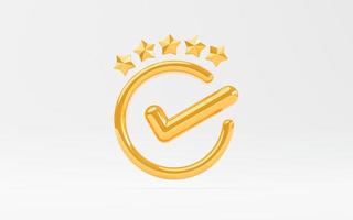 signo de marca de verificación correcto dorado de la mejor garantía de calidad con cinco estrellas doradas para garantizar el producto y el concepto de servicio iso por 3d render. foto