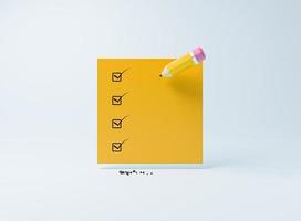 Yellow pencil write correct or tick mark on check box of paper for complete successful do checklist concept by 3d render. photo