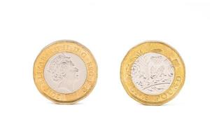 Closeup of Isolated of One Pound sterling coins on white background with clipping path. photo