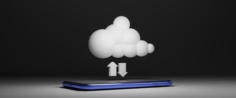 Virtual white cloud computing on mobile phone with arrow for share information data by upload and download pass thru cloud computing system concept by 3d render. photo