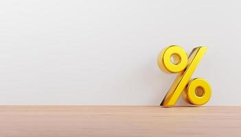 Golden percentage sign on wooden floor and white wall for add number of shopping discount , Shopping promotion and advertisement display concept. 3d render photo