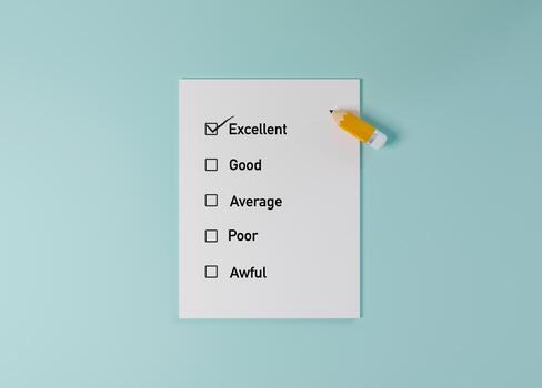 Yellow pencil write correct or tick mark on check box of paper for excellent customer or client evaluation after use product and service concept by 3d render. photo