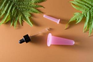 Flat lay of vacuum facial massagers and oil dropper with fern leaves. Facial skin care, spa concept photo