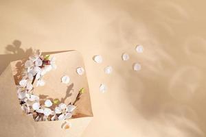 Kraft envelope with a spring twig and white spring flowers on a beige background with shadows photo