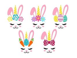 Unicorn monogram with easter bunny rabbit with eggs ,carrot,flowers on head face vector