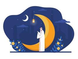 Ramadan night  with Muslim arab man pray of Islam flat illustration  mosque  background traditional hanging lantern light ornament vector