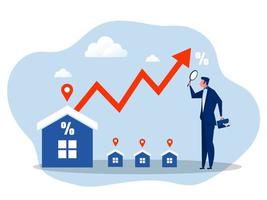 inversionista de negocios con telescopio para oportunidades de inversión en bienes raíces y vivienda, pronóstico o visión de crecimiento de la propiedad, vector de concepto de aumento de precios