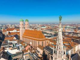 Aerial view on Marienplatz town hall and Frauenkirche in Munich photo