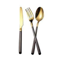 cubiertos de oro con tenedor, cuchillo y cuchara sobre fondo blanco