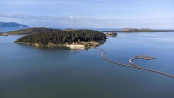 Aerial drone view of a beautiful semi island in the middle of the lake. Beautiful colors in water and amazing landscape. Travel the world and find the wonders. Relax and meditate. Holidays are coming. photo