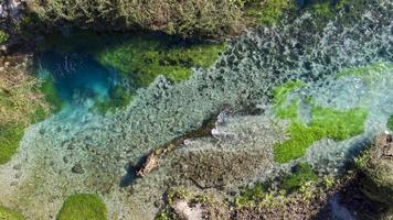 Aerial drone view of a beautiful natural spring on a sunny day. Wonderful natural colors of green, yellow and blue. Nature monument. Connecting with nature. Water spring. Relaxation and mediation. photo