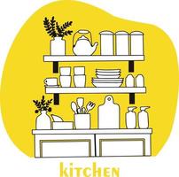 AdoKitchen shelves with utensils and various home decor. Convenience and arrangement of items for cooking. Line art, hand drawing. vector