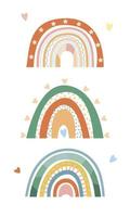 colección de arco iris en estilo boho, colores pastel. impresiones abstractas dibujadas a mano. arco iris escandinavo minimalista con varios elementos decorativos de garabatos, líneas, corazón. diseño romántico. vector