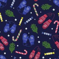 Seamless Christmas and New Year pattern. Warm crocheted winter mittens and various sweets vector