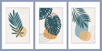 Set of templates with an abstract composition of simple shapes and tropical palm leaves. Collage style, minimalism. vector