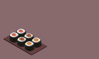3d illustration japanese sushi object. 3d render illustration roll sushi pattern photo