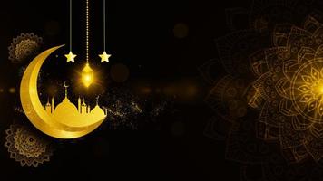 Gold Color Eid Al Adha Mubarak and Traditional Lanterns Ramadan Islamic with Particle and Lighting Background photo