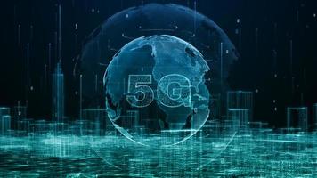 Smart city, Digital cyberspace with particles and Digital data Network connections, Global 5g high speed internet connection and Data analysis process big data background concept. photo