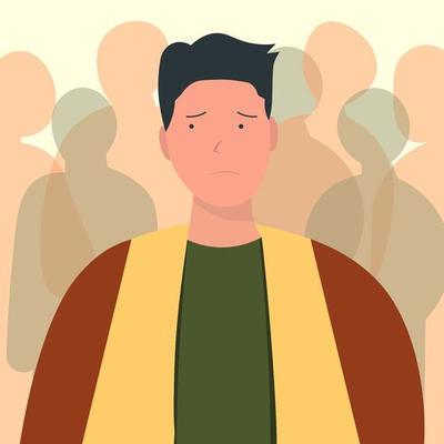 man feel insecure uncomfortable and not confident surrounded by people crowds