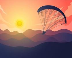 paragliding silhouette with landscape background of mountains and sunset vector illustration