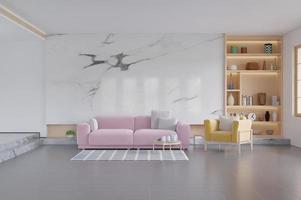 Pink sofa and Yellow armchair in living room.