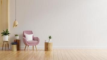 maqueta de pared de salón en tonos cálidos con sillón rosa y planta.