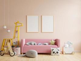 Mock up posters in child room interior, posters on empty Cream color wall background. photo