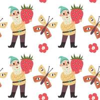 Cute gnome pattern with butterfly strawberry vector