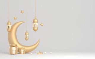 3d ramadan illustration with golden islamic lantern and crescent moon on grey photo