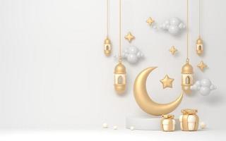 Ilustración de ramadán 3d con linterna islámica dorada y luna creciente en el podio foto