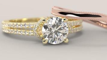 engagement ring with wedding band 3d render in yellow rose gold