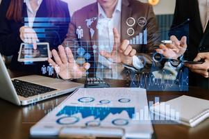 Data Management System with Business Analytics concept. business team hands working with provide information for Key Performance Indicators and marketing analysis photo