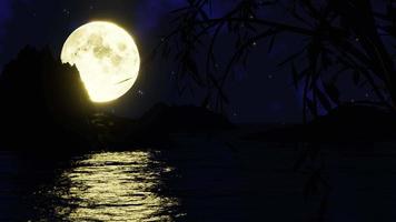 la luna llena en la noche estaba llena de estrellas y una tenue niebla. un puente de madera se adentraba en el mar. imagen de fantasía en la noche, superluna, ola de agua de mar. representación 3d video