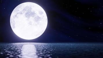 la luna piena di notte era piena di stelle e di una debole nebbia. un ponte di legno si estendeva nel mare. immagine fantasy di notte, super luna, onda di acqua di mare. rendering 3D video