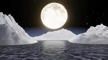 la luna piena di notte era piena di stelle e di una debole nebbia. un ponte di legno si estendeva nel mare. immagine fantasy di notte, super luna, onda di acqua di mare. rendering 3D video