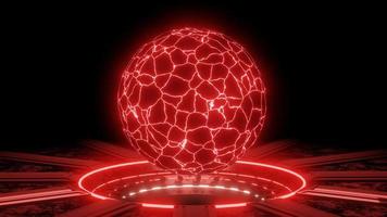 Circle movement charging station, red glow technology, metal base with rust stains, dark background, and black . The energy cube has electric spark. 3D Rendering video